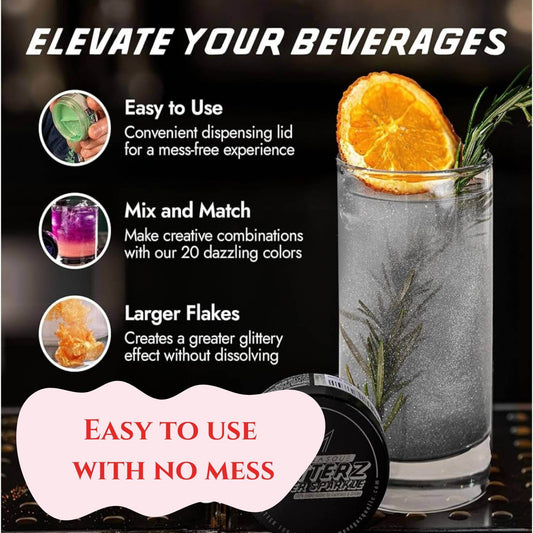 Image showcasing Edible Drink Shimmer features: easy to use, mix and match colors, and larger flakes for glitzy drinks.