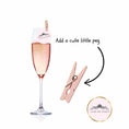 Load image into Gallery viewer, Champagne glass edible toppers blue and wooden peg
