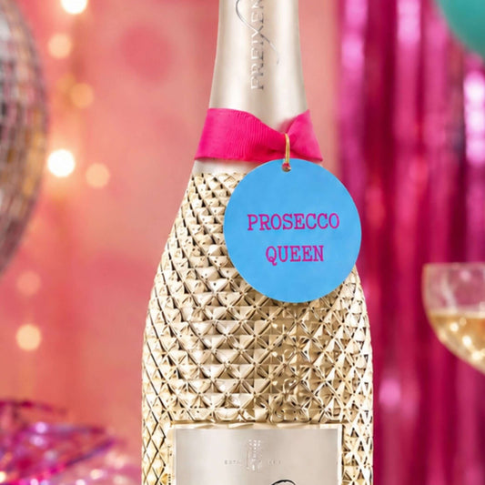 blue and pink prosecco queen gift tag
