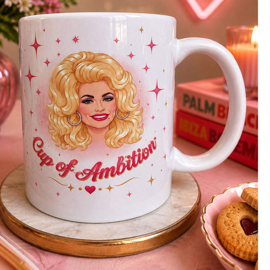 Cup Of Ambition Dolly Parton Mug featuring a colorful design with Dolly Parton's portrait.
