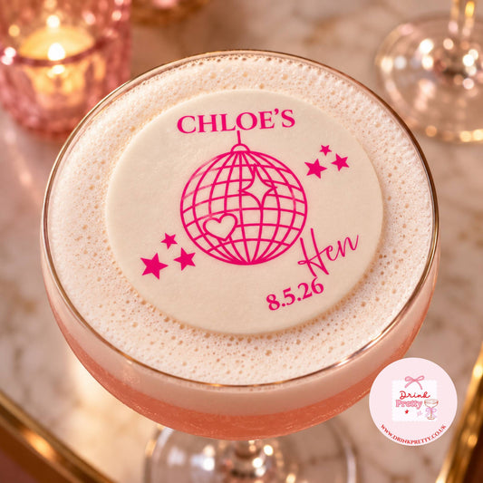 Edible drink toppers for hen parties disco ball on a cocktail for Chloe's hen party celebration.