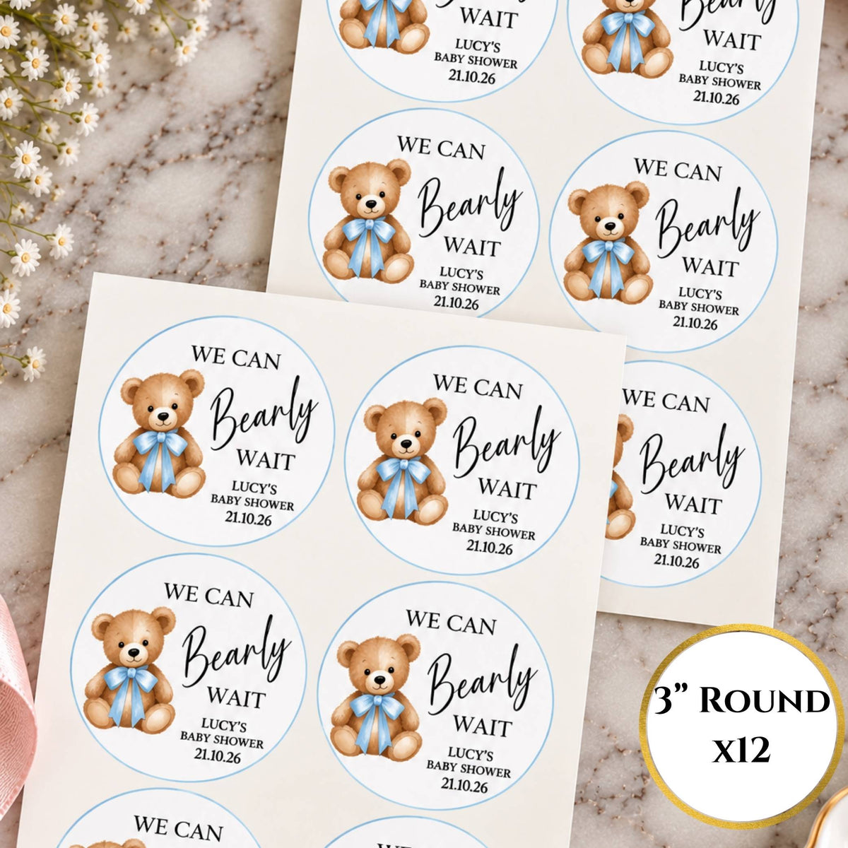 We Can Bearly Wait Blue Baby Shower Cup & Favour Stickers
