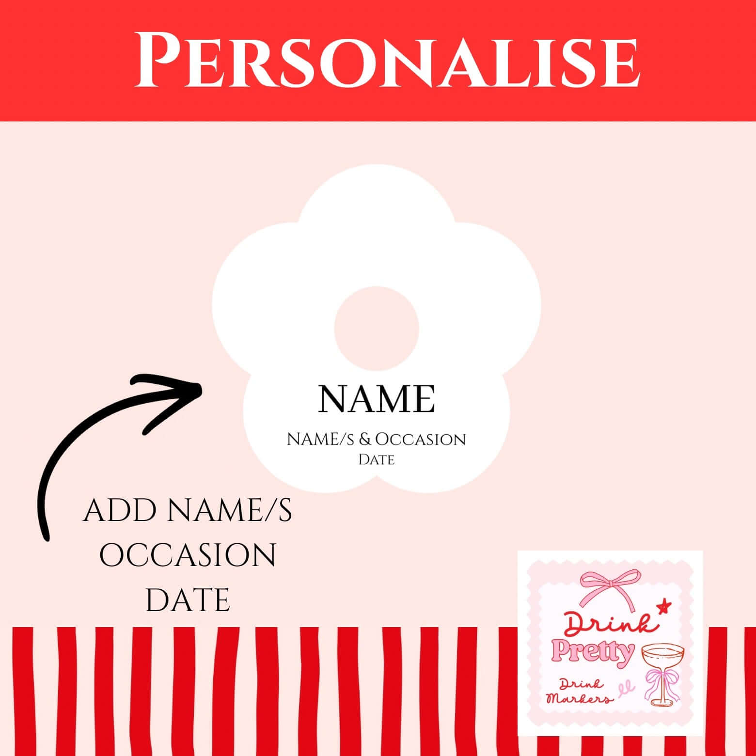 Personalised white name card Occasion drink marker design showcasing custom name and occasion details.