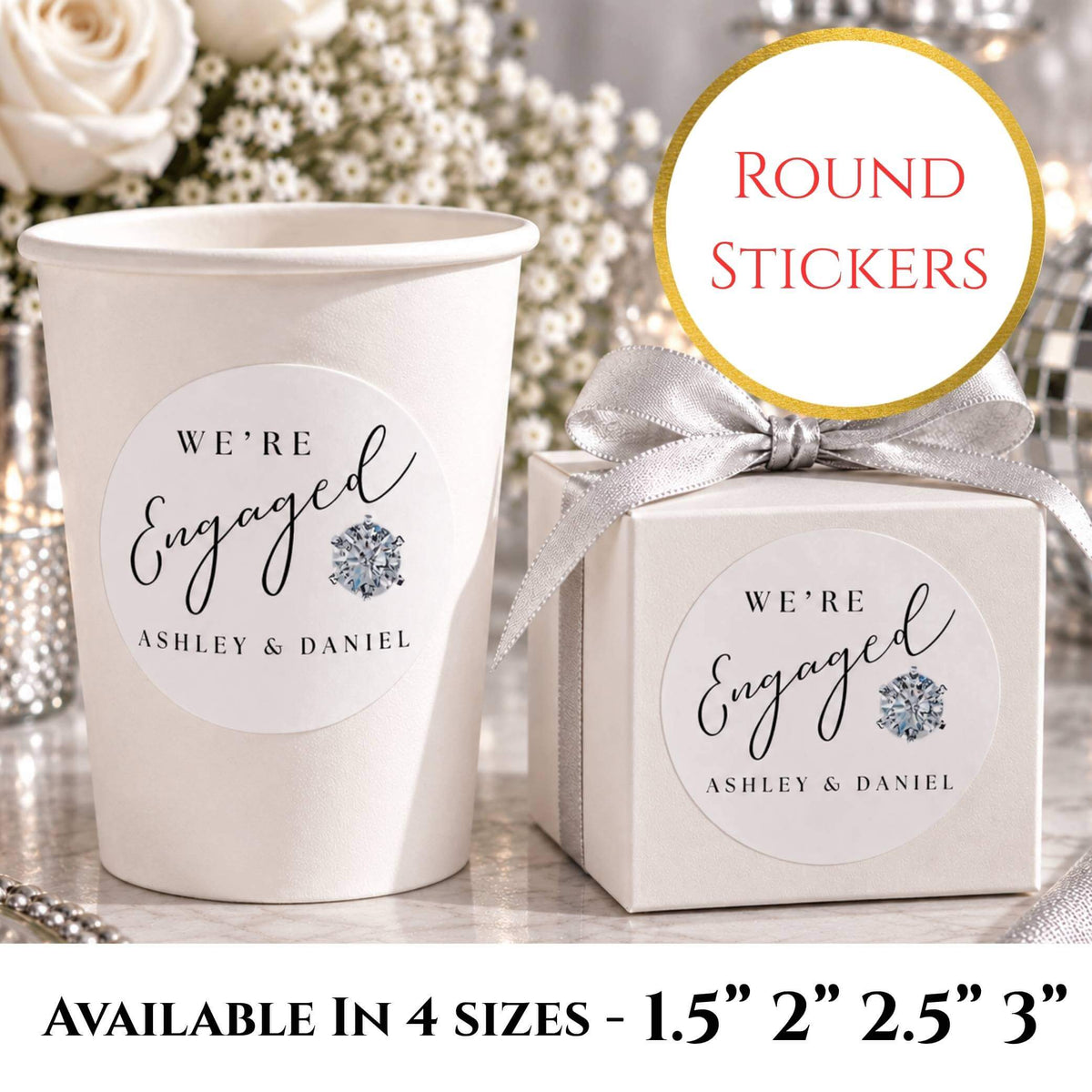 We’re Engaged Diamond Party Stickers For Cups & Favours