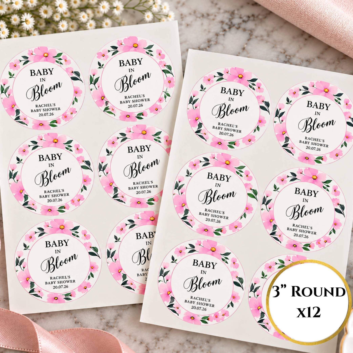 Baby In Bloom Pink Baby Shower Cup & Favour Stickers