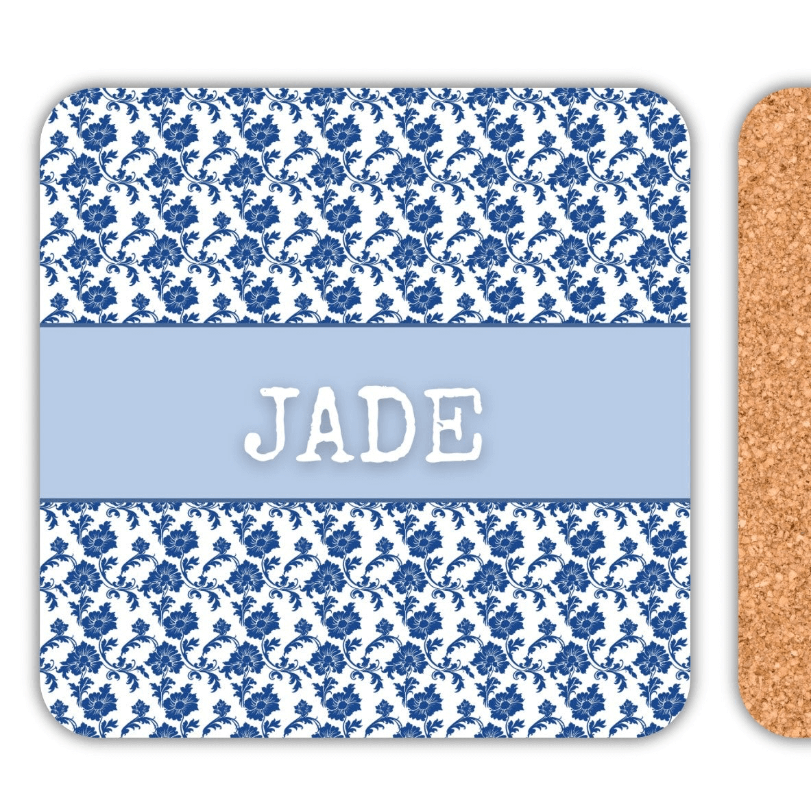 Personalised name coasters featuring blue panache design with name 'JADE' for a unique touch.