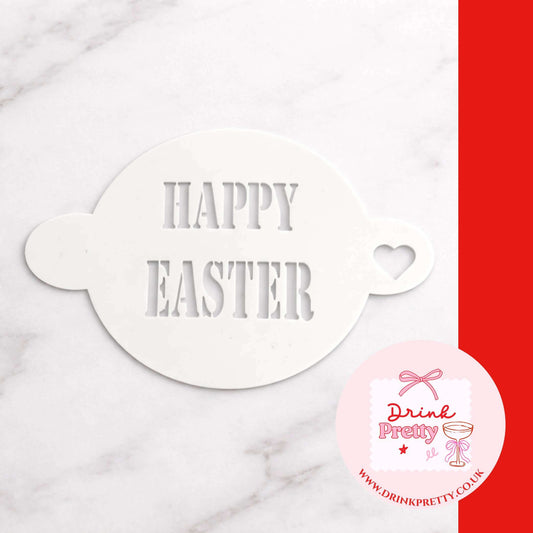 Reusable cocktail coffee stencils featuring a "HAPPY EASTER" design on a white Mylar stencil for festive drinks.