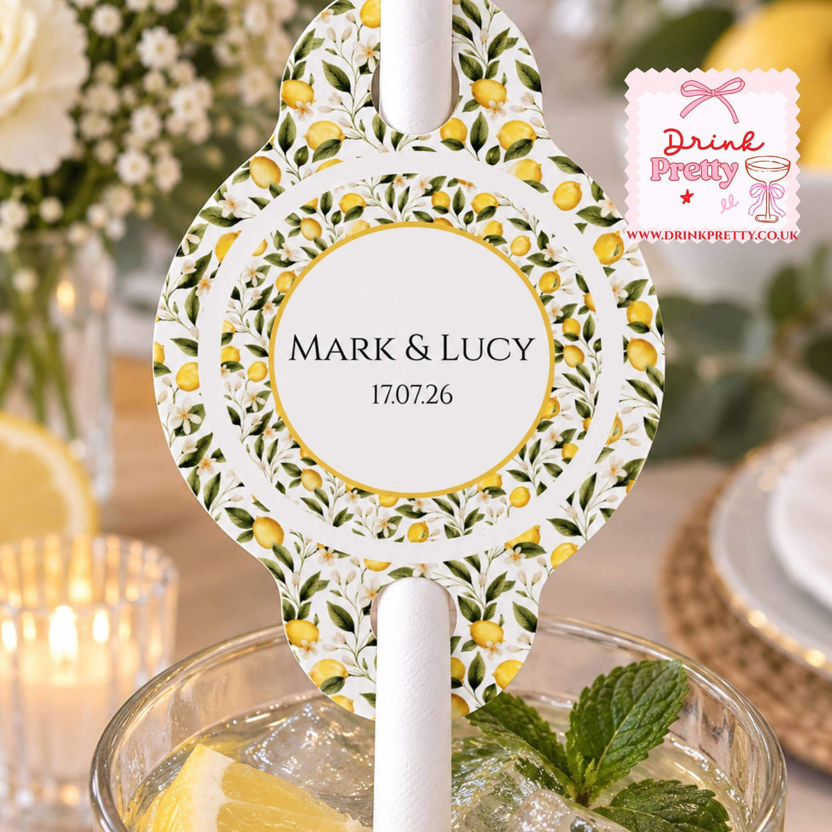 Limoncello Paper Straw topper featuring a personalized design for Mark & Lucy's wedding, perfect for Mediterranean celebrations.