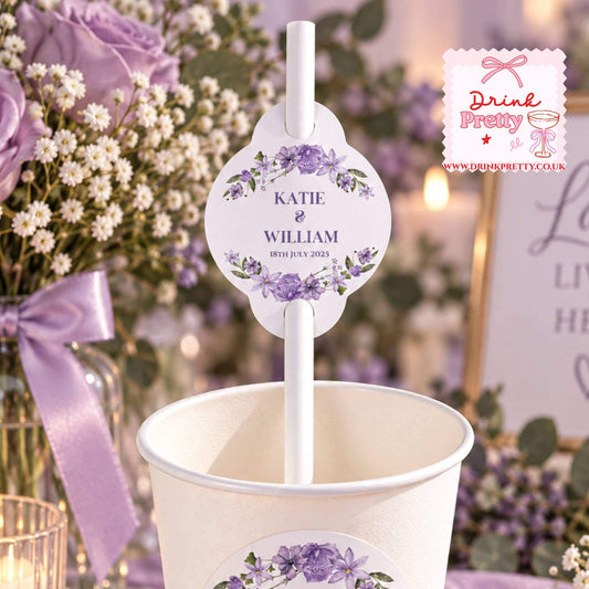 Lilac Love Paper Straw Toppers on a wedding cup featuring names Katie and William, adding elegance to wedding drinks.