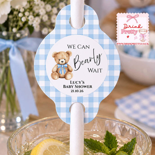 We Can Bearly Wait Blue Straw Toppers featuring a teddy bear for Lucy's baby shower celebration.