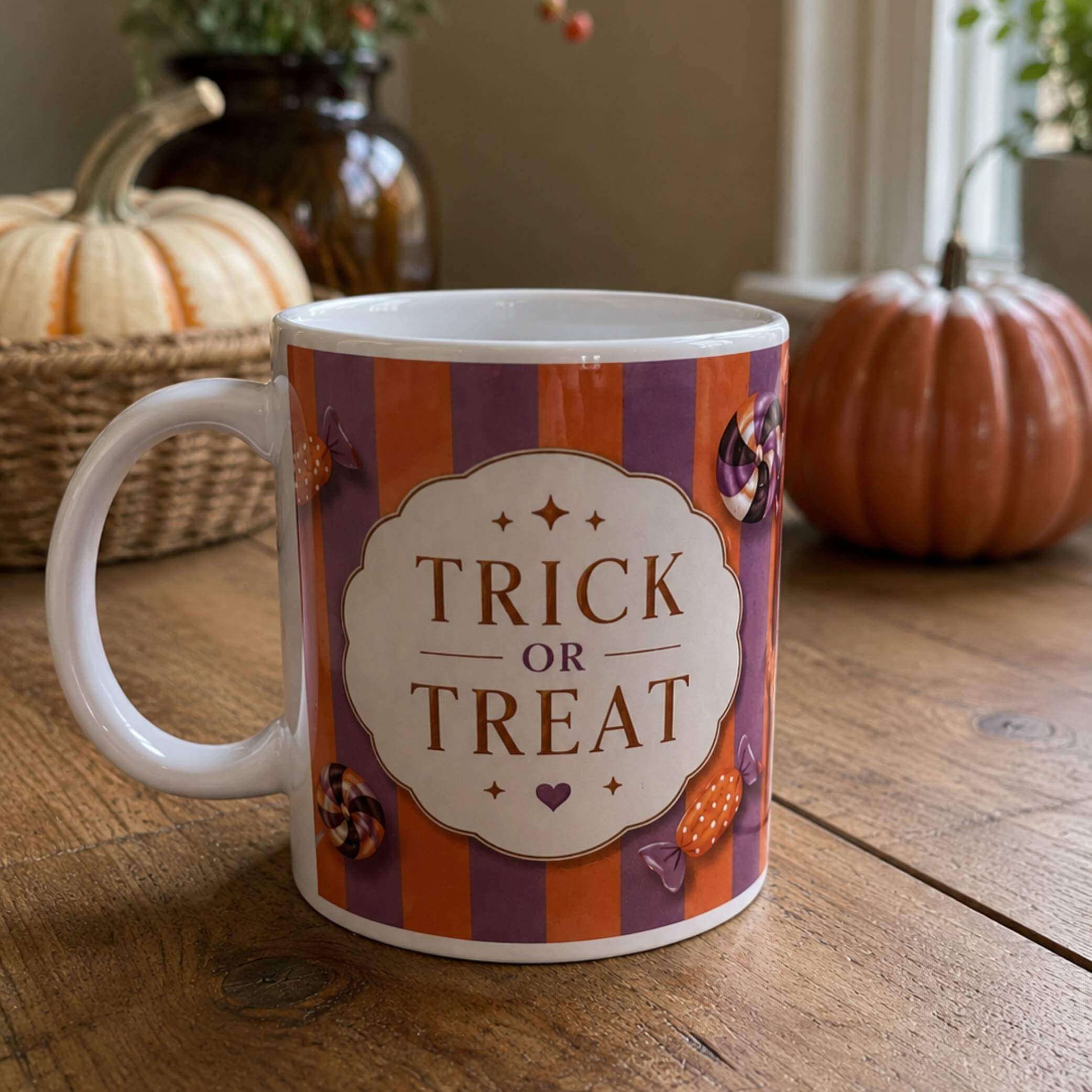 Boo Happy Halloween ceramic mug featuring vibrant Trick or Treat design for festive Autumn decor.