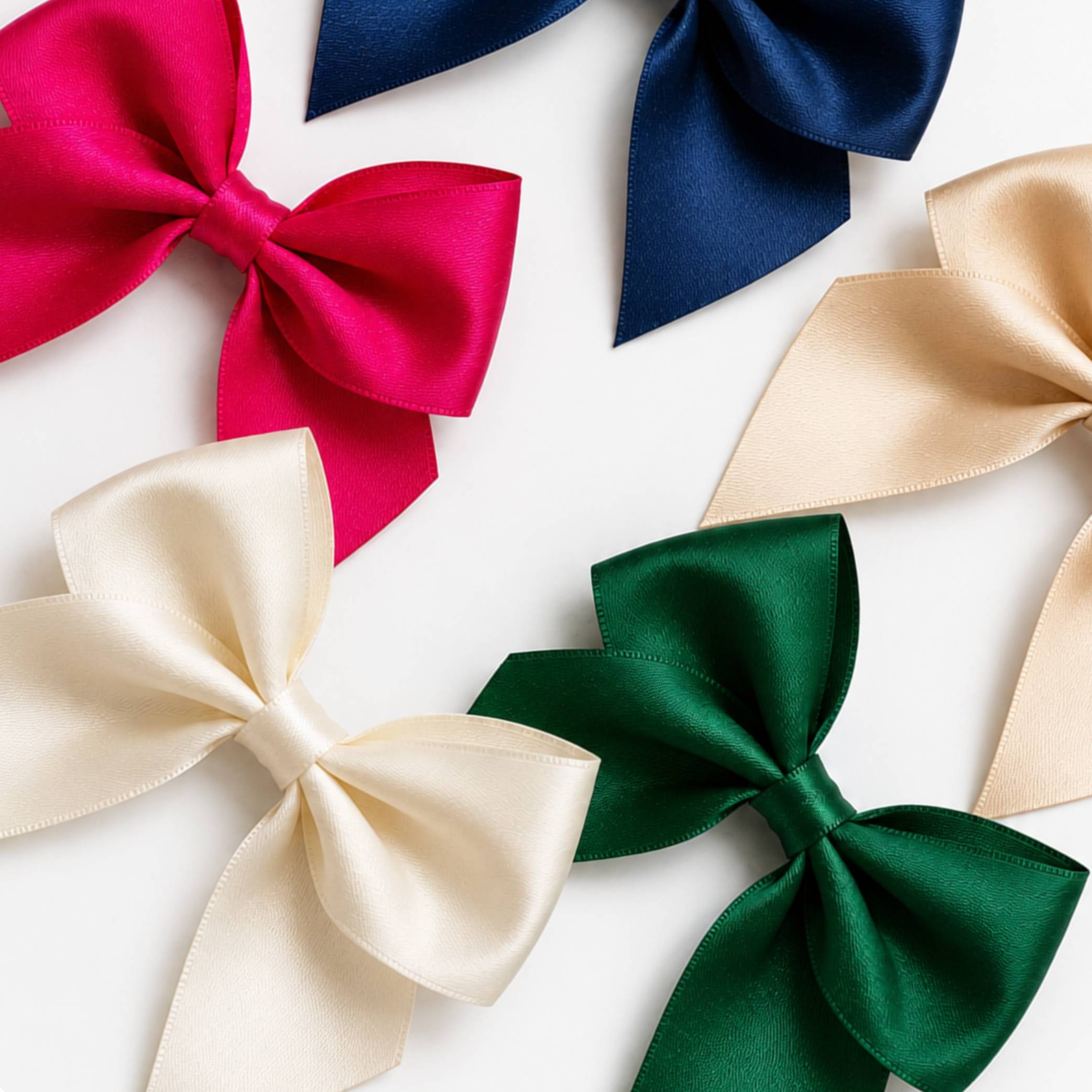 Pre-tied satin bows 10cm pack of 6 in various colors including pink, navy, cream, and green.