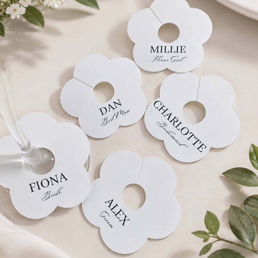 Wedding Attendees white personalised name drink marker with names for bridesmaids and groomsmen at a wedding celebration.