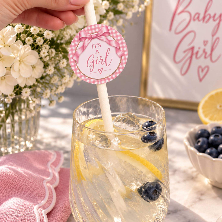 Pink Gingham it’s a girl paper straws with toppers for baby shower party 