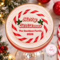 Load image into Gallery viewer, Candy Cane Christmas edible drink toppers on a festive cocktail, featuring Merry Christmas and Davidson Family 2026.
