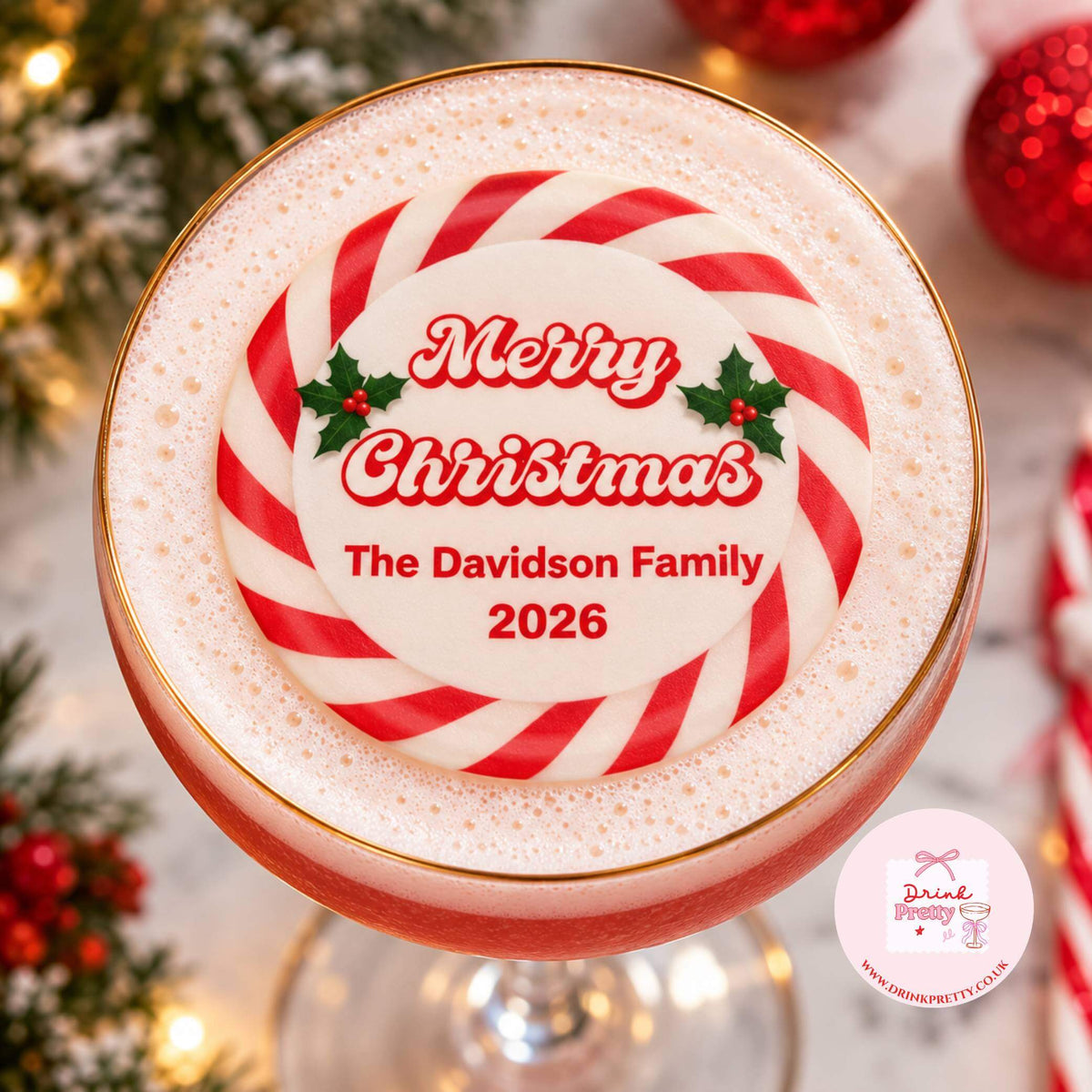 Candy Cane Christmas edible drink toppers on a festive cocktail, featuring Merry Christmas and Davidson Family 2026.