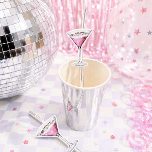 Cocktail Party Paper Straw Toppers Pack of 12 on silver cup for stylish drink presentation at events.