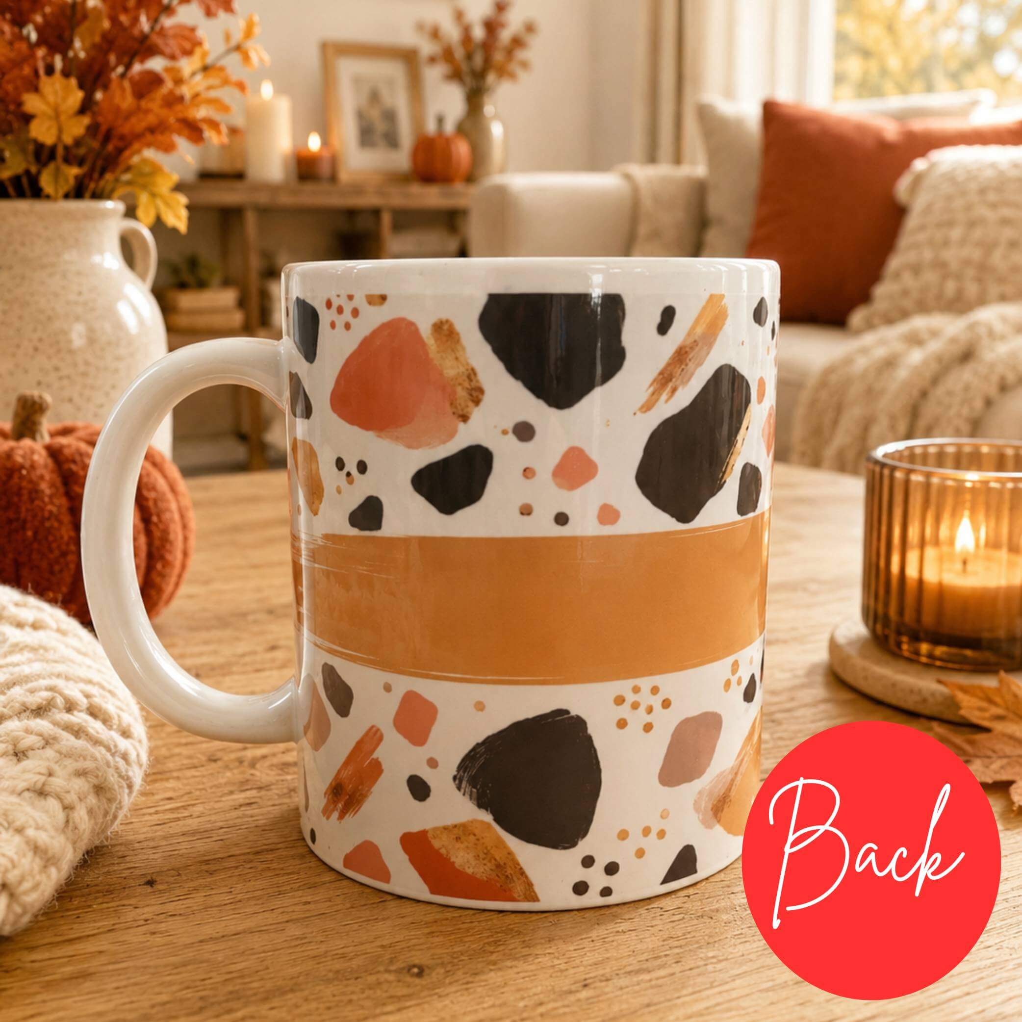 Time For Coffee Autumn Time Mug with stylish pattern showcasing autumn colors and design.