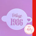 Load image into Gallery viewer, Reusable custom cocktail & coffee stencil - personalised vintage birth year design for 1986 on a purple background.
