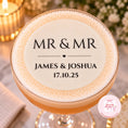 Load image into Gallery viewer, Mr & Mrs wedding edible cocktail toppers on a cocktail glass for wedding celebration.
