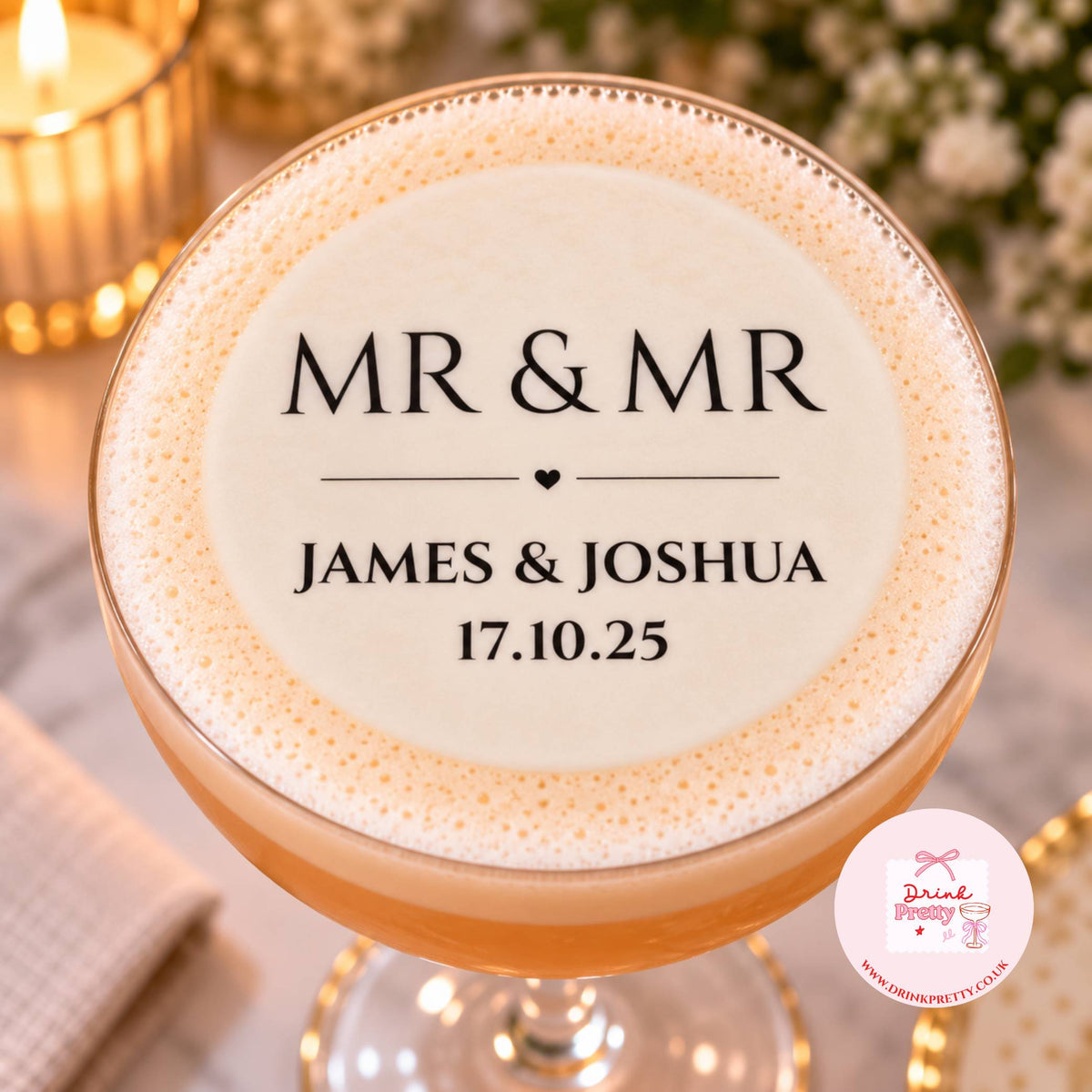 Mr & Mrs wedding edible cocktail toppers on a cocktail glass for wedding celebration.
