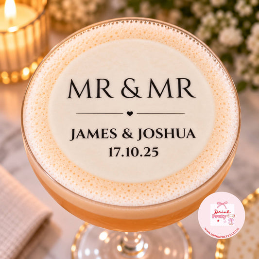 Mr & Mrs wedding edible cocktail toppers on a cocktail glass for wedding celebration.