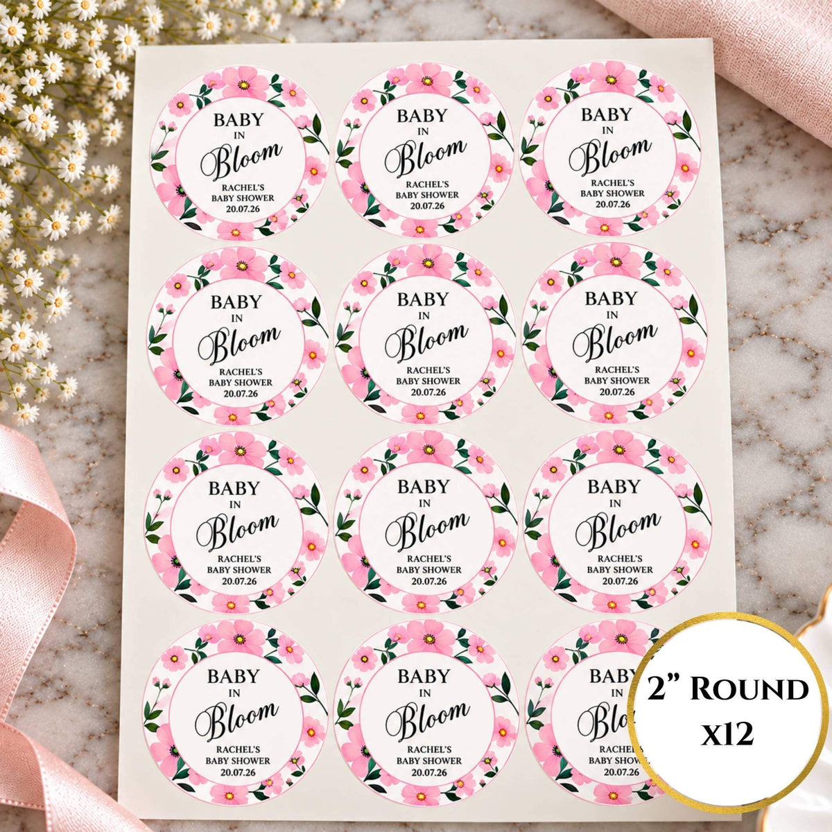 Baby In Bloom Pink Baby Shower Cup & Favour Stickers