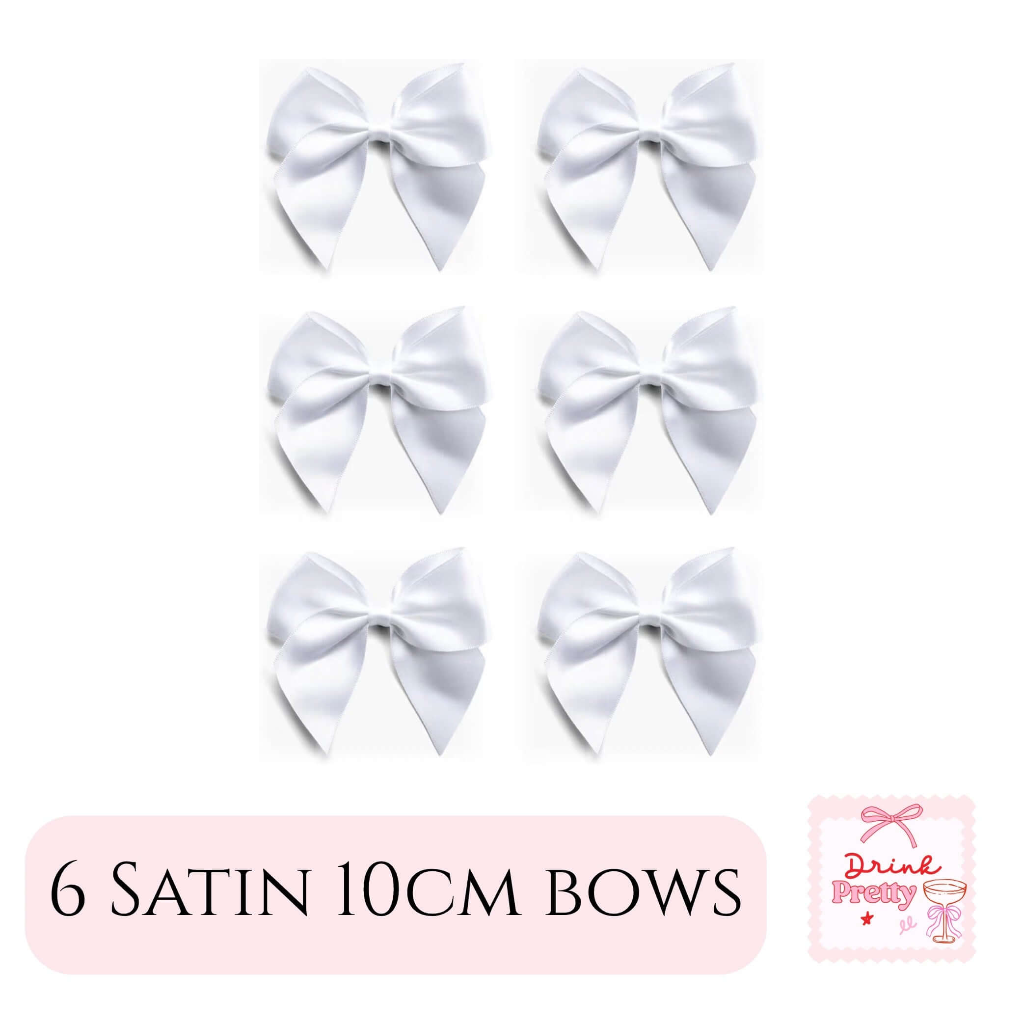 White Pre-Tied Satin Bows 10cm Pack of 6 displayed on a light background, perfect for gifts and event decorations.