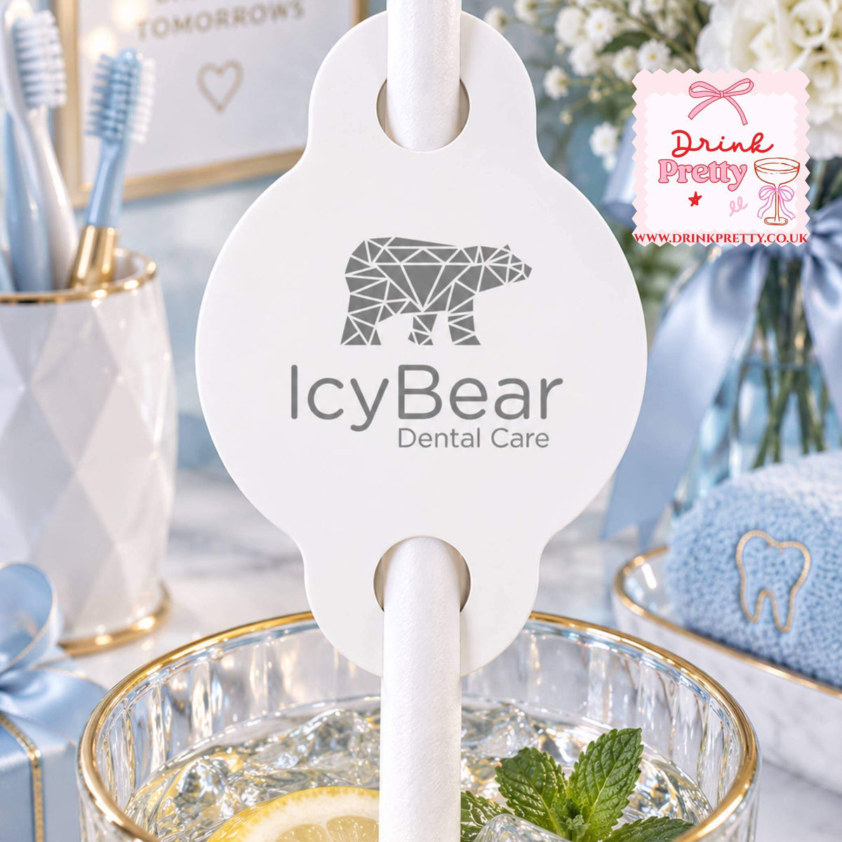 Upload your own logo Paper straw toppers displayed on a drink featuring IcyBear Dental Care branding.