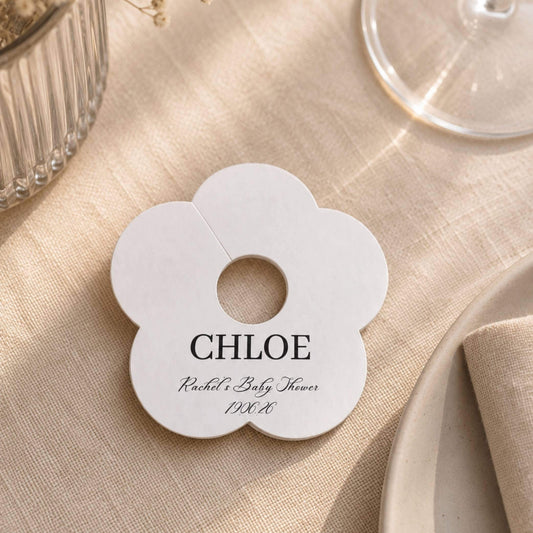 Personalised white name card Occasion drink marker with name Chloe for a baby shower.