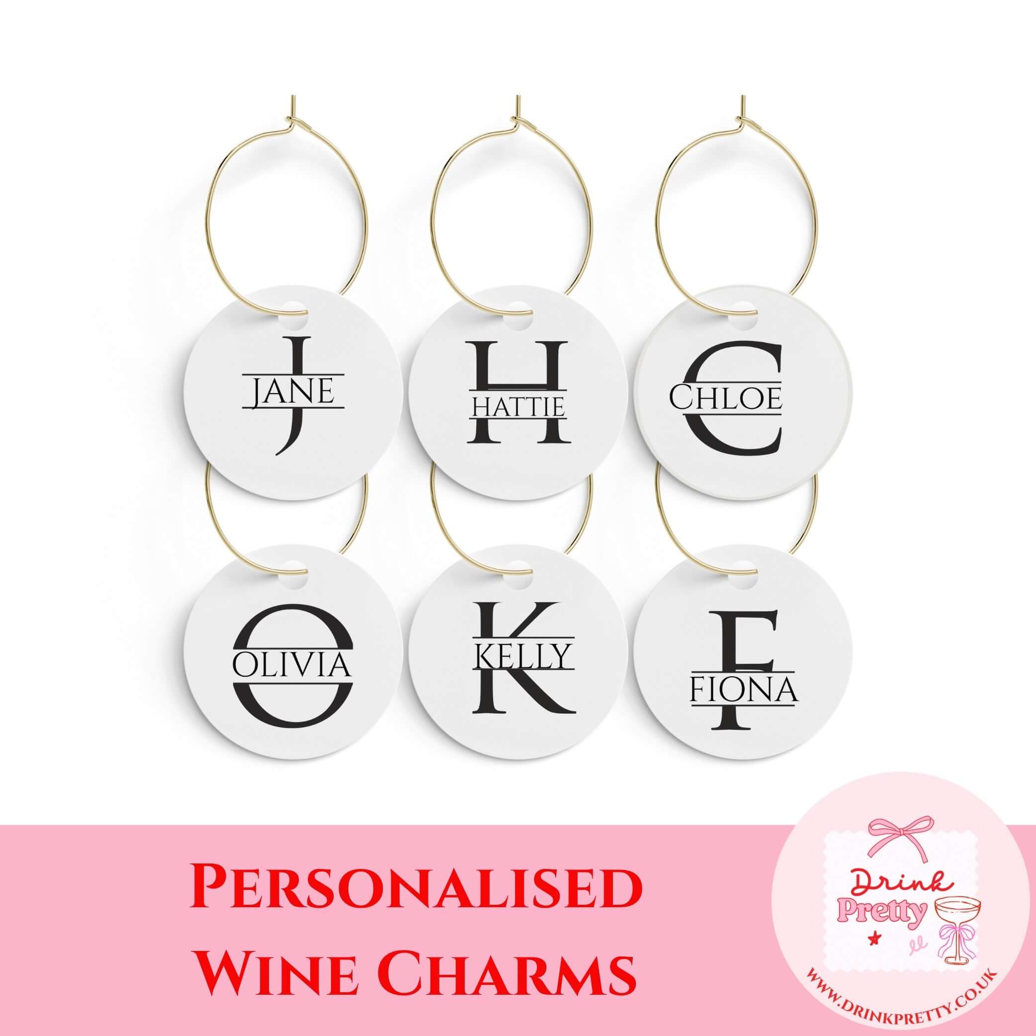 Personalised wine charms featuring names Jane, Hattie, Chloe, Olivia, Kelly, and Fiona on elegant satin bows.