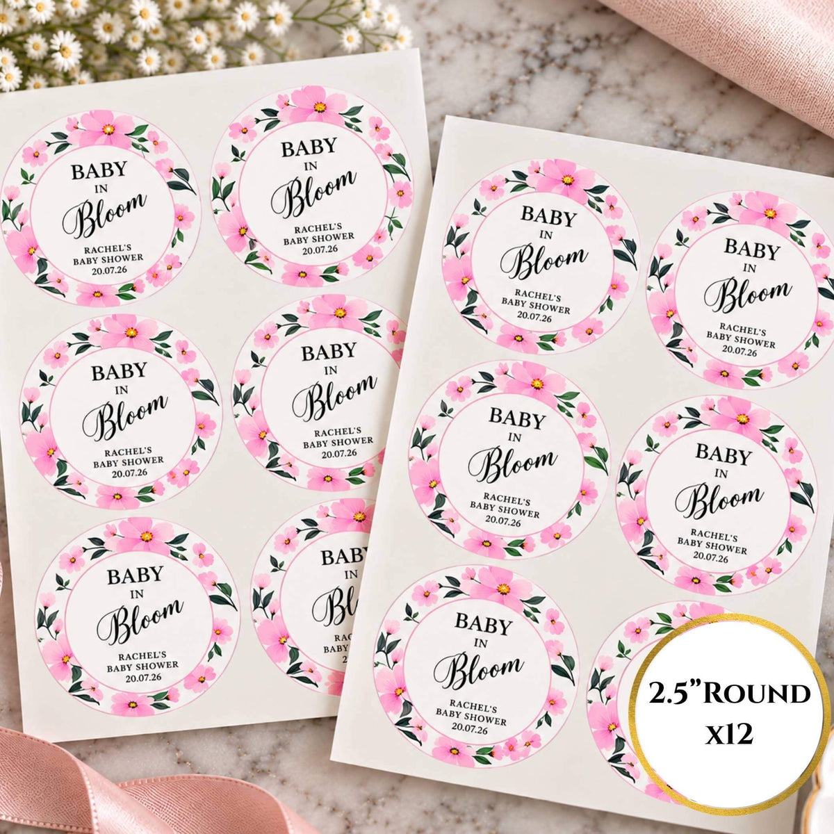 Baby In Bloom Pink Baby Shower Cup & Favour Stickers