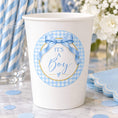 Load image into Gallery viewer, It's A Boy Blue Baby Shower cup with blue gingham design and bow for baby boy celebrations.
