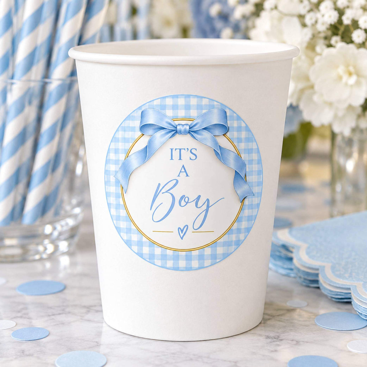 It's A Boy Blue Baby Shower cup with blue gingham design and bow for baby boy celebrations.