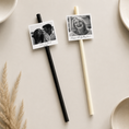 Load image into Gallery viewer, Black & White Polaroid Photo Paper Straw Toppers Pack of 24
