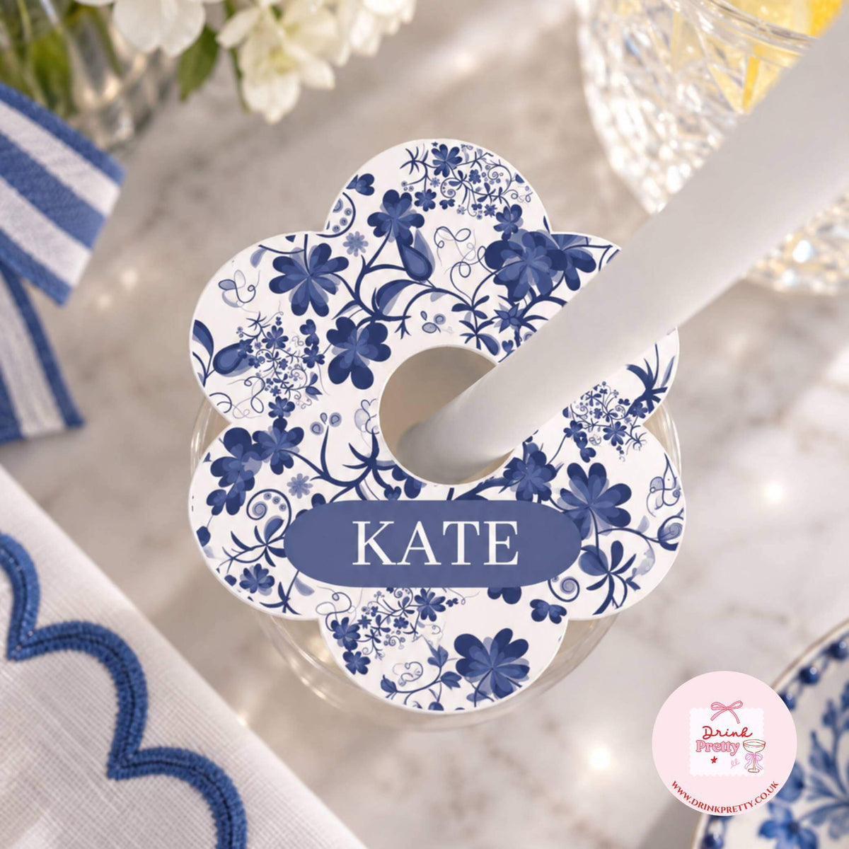 Blue Baby In Bloom Personalised Name Drink identifiers- Pack of 6
