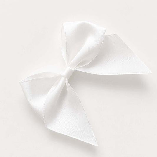 White Pre-Tied Satin Bows 10cm Pack of 6 - Luxurious satin ribbon bow for gifts and decorations.