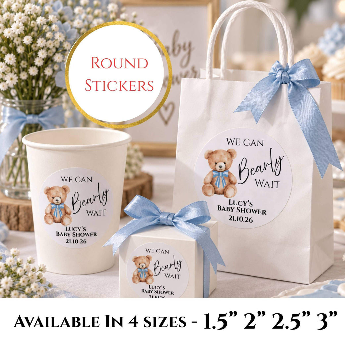We Can Bearly Wait Blue Baby Shower Cup & Favour Stickers