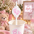 Load image into Gallery viewer, Pink Baby Feet Straw Toppers in a cup at a baby shower celebration with a teddy bear and pink decorations.
