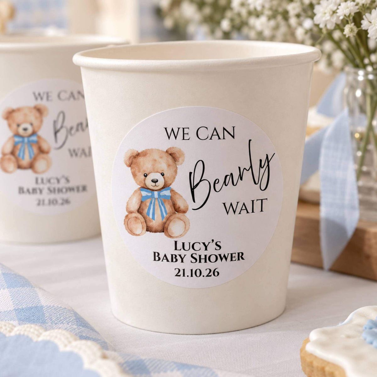 We Can Bearly Wait Blue Baby Shower Cup & Favour Stickers