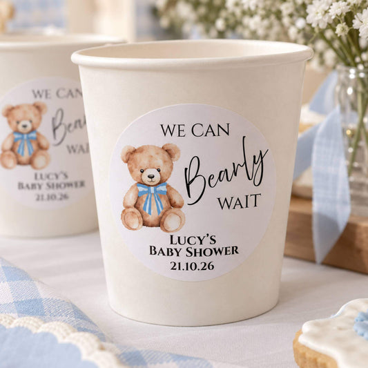 We Can Bearly Wait Blue Baby Shower Cup & Favour Stickers