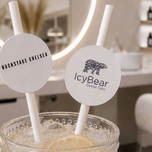 Upload your own logo Paper straw toppers on drinks, showcasing custom logos for events and promotions.