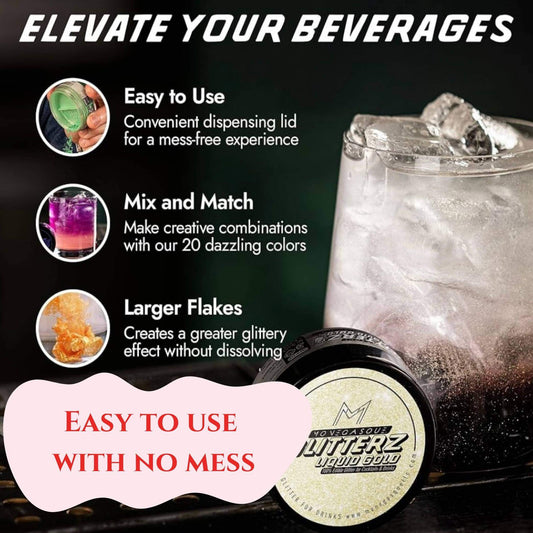 Edible drink shimmer showcasing easy-to-use features, mix-and-match options, and larger flakes for a glamorous effect.