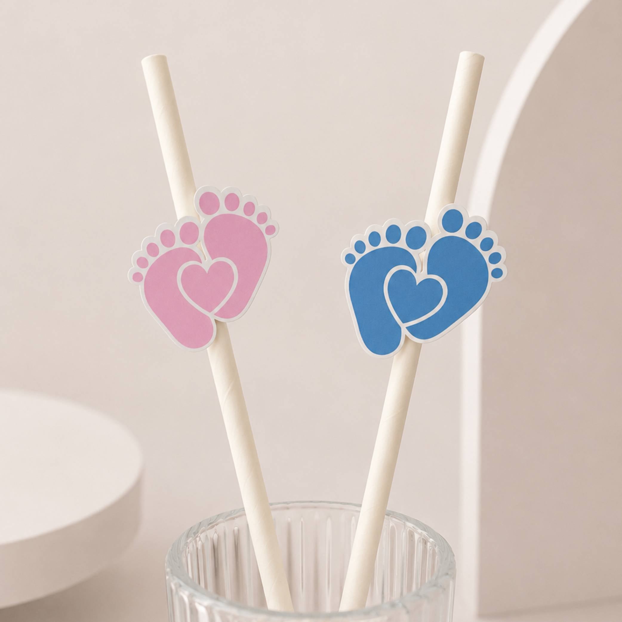 Baby Feet Blue Pink Paper Straw Toppers Pack of 12