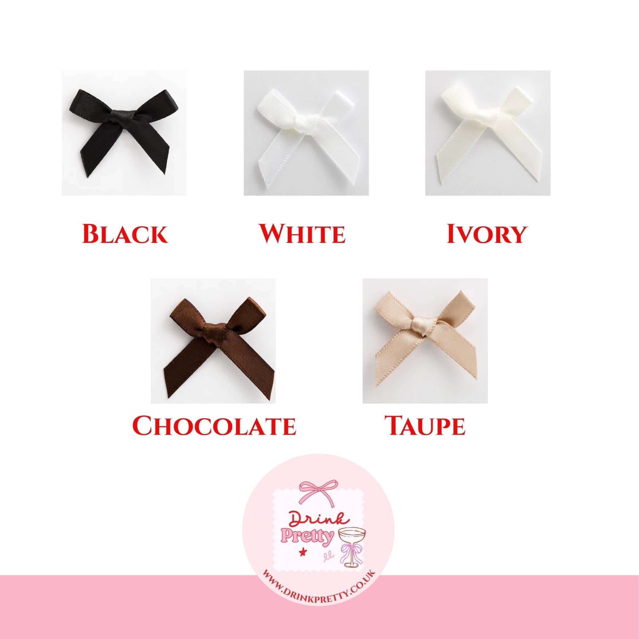 Personalised wine charms in six color options: black, white, ivory, chocolate, taupe, and pink ribbon.