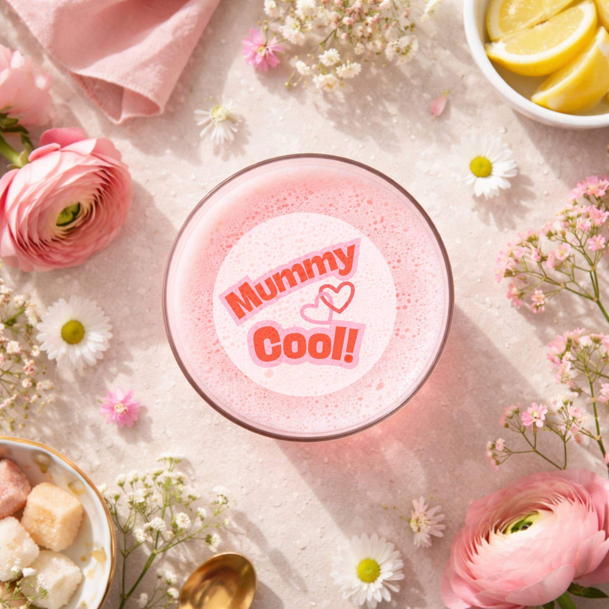 Edible drink toppers for cocktails featured in a glass with pink drink and floral decorations.