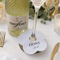 Load image into Gallery viewer, Wedding Attendees white personalised name drink marker with the name Fiona and the title Bride next to a glass of Prosecco.
