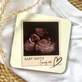 Load image into Gallery viewer, Baby scan coasters featuring a baby ultrasound photo with the name Baby Smith and the text 'Coming 2026'.
