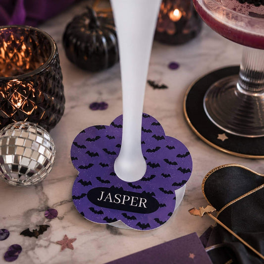 Crazy Bat Personalised Halloween drink marker with the name Jasper on a festive table setting.