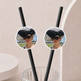 Load image into Gallery viewer, Upload your own personalised photo Paper straw toppers on black straws in a decorative setting.
